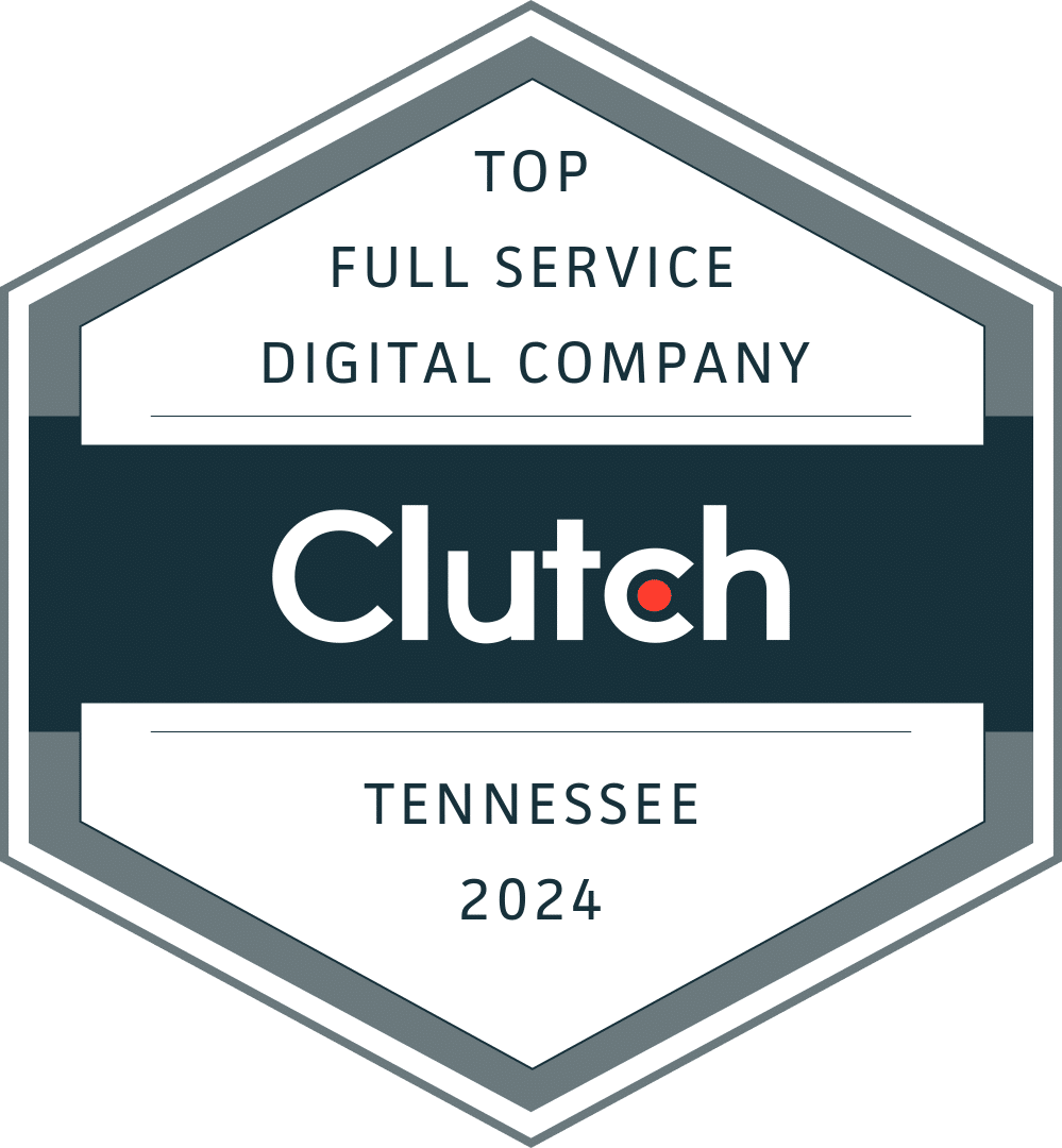 A hexagon badge with "Top Full Service Digital Marketing" and "Tennessee 2024" in bluish-black and a colored block with "Clutch" in white.
