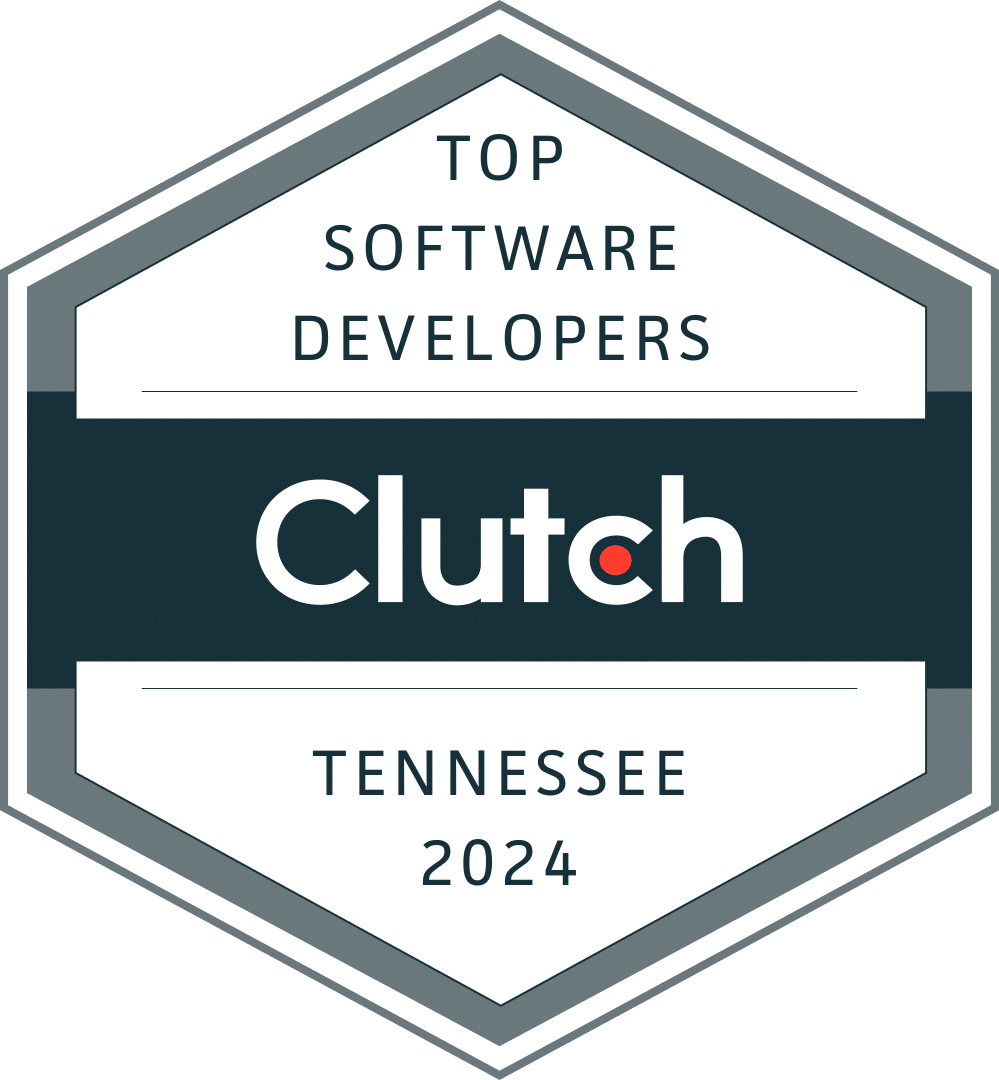 Large hexagon badge with "Top Software Developers" and "Tennessee 2024" in bluish-black and a colored block with "Clutch" in white.