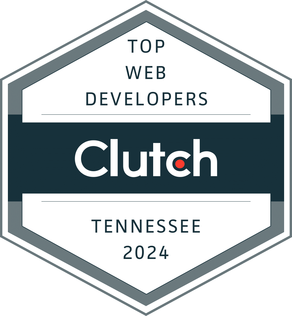 Large hexagon badge with "Top Web Developers" and "Tennessee 2024" in bluish-black and a colored block with "Clutch" in white in the mid.